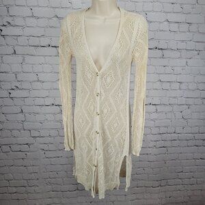 Free People Beige Crochet Sheer Buttoned Long Sleeve Cardigan Sweater Small S